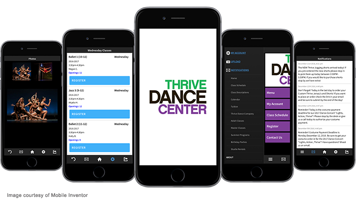 Thrive Dance Center and Jackrabbit on mobile phones.