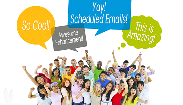 Happy dance instructors excited about easier communication with scheduled emails enhancement.