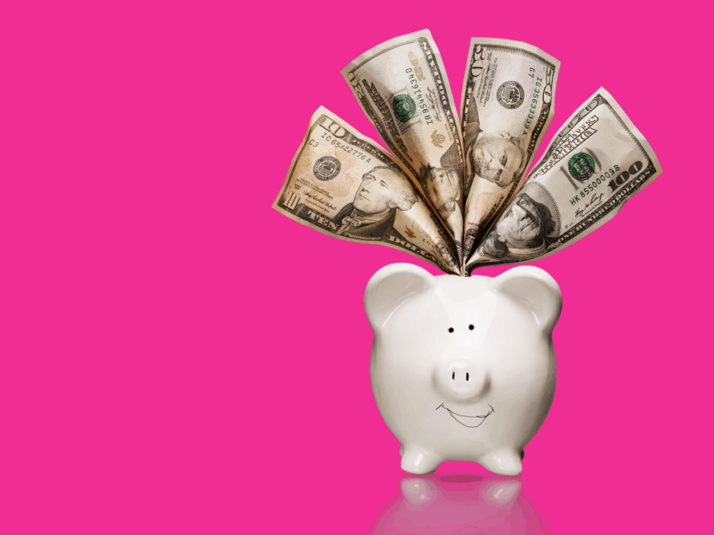 Graphic of a piggy bank filled with dollars.