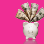 Graphic of a piggy bank filled with dollars.