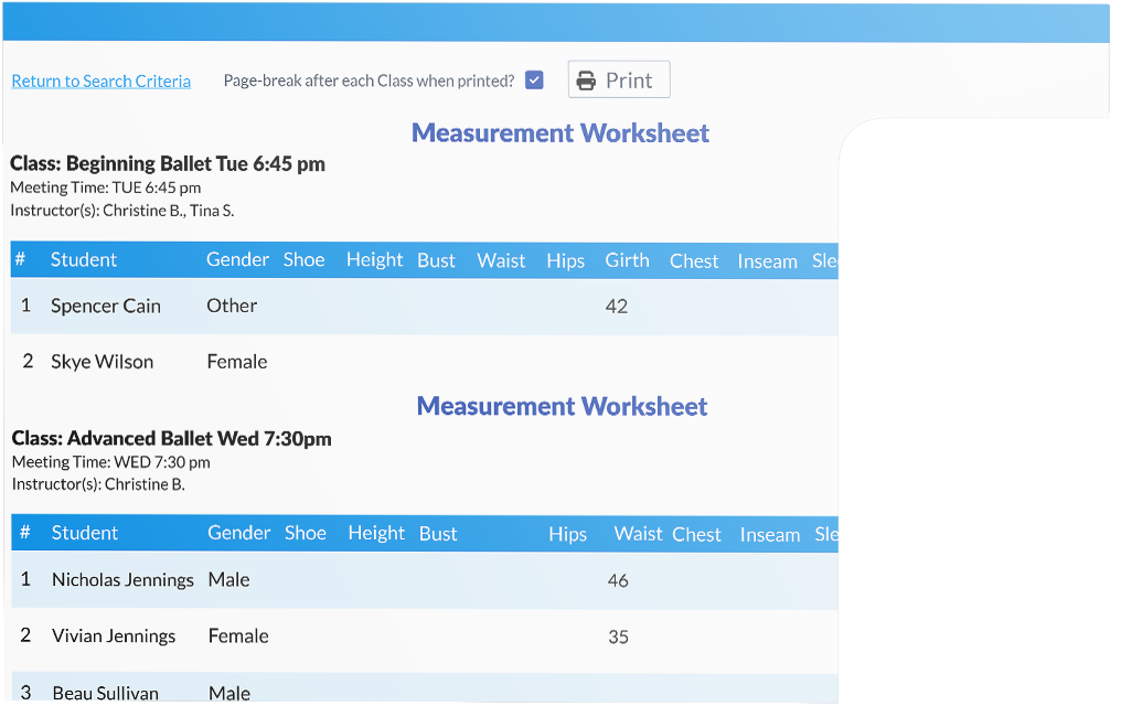 costume measurement worksheet