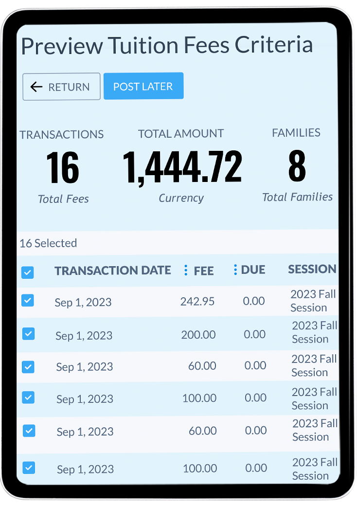 tuition fees screen on ipad