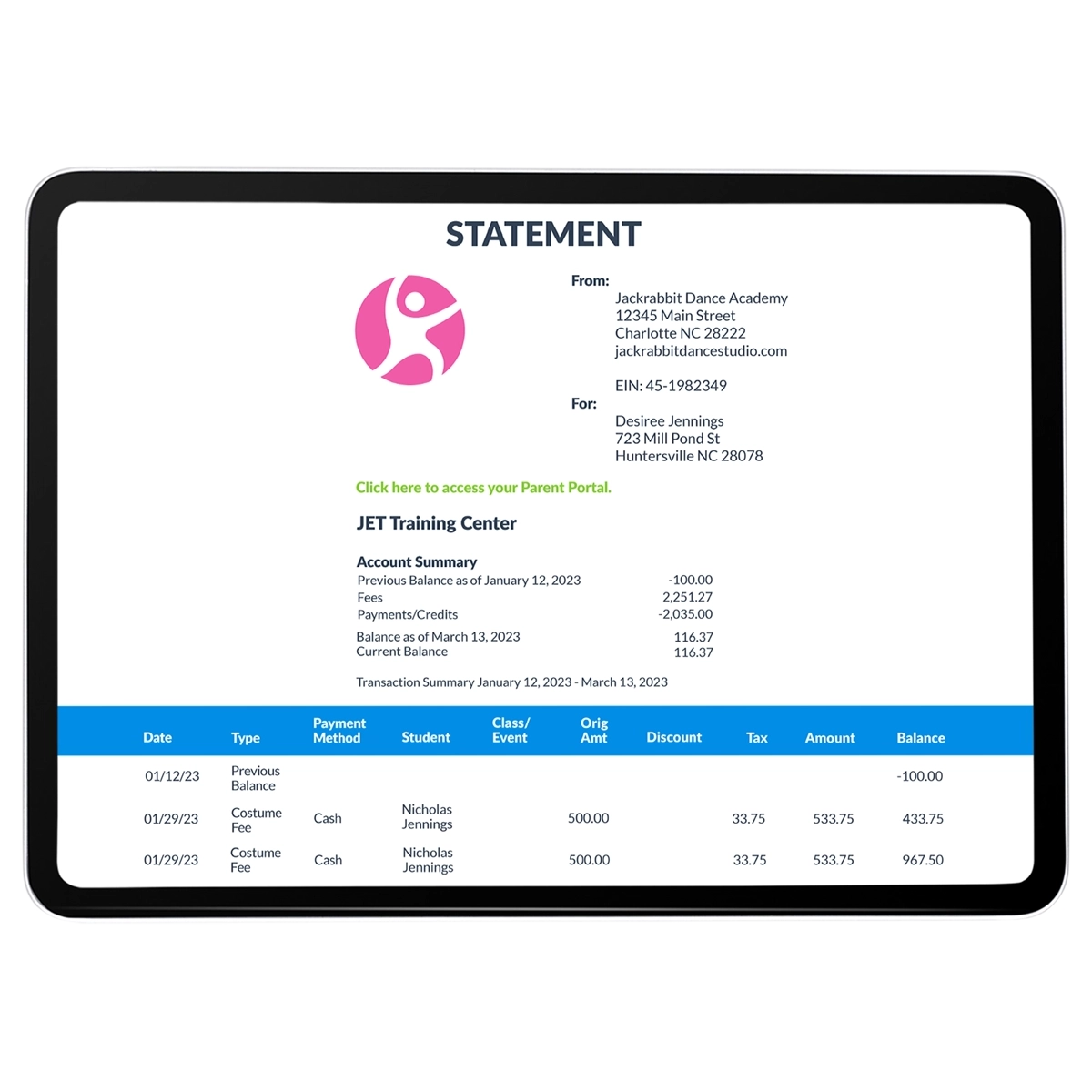Jackrabbit Dance invoice statement screen tablet