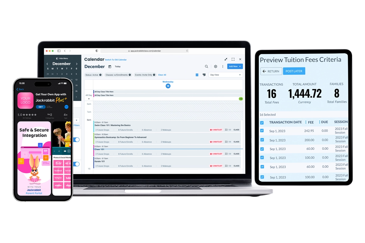 Jackrabbit Dance mobile plus app screen, weekly calendar laptop, tuition fees tablet