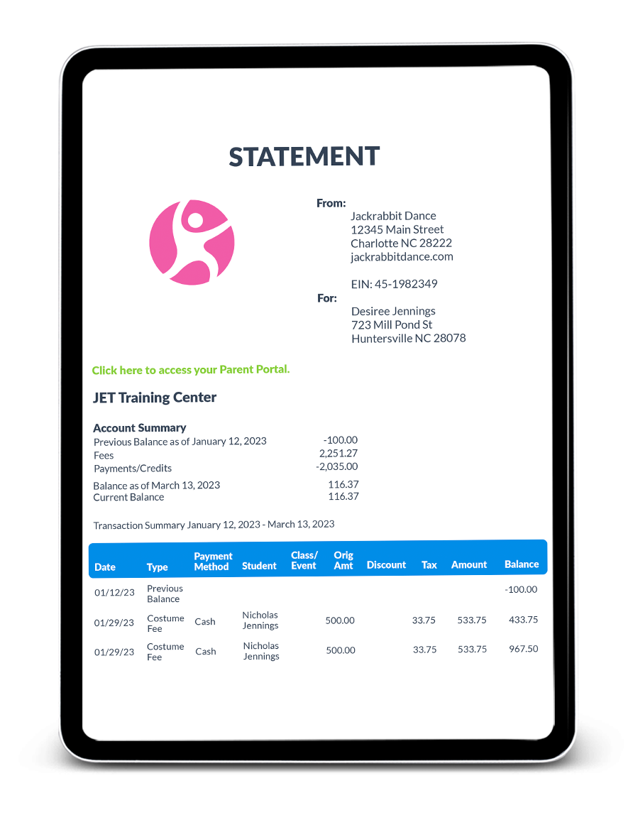 Jackrabbit Dance invoice statement screen tablet