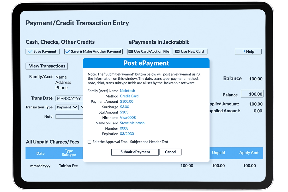 Jackrabbit Dance payment and credit transaction screen tablet