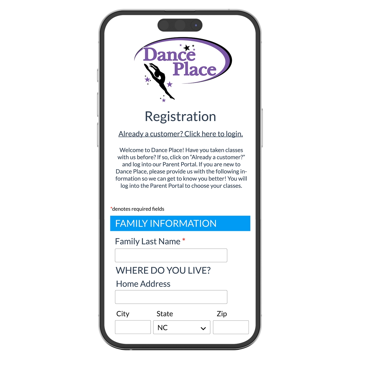 class registration screen mobile