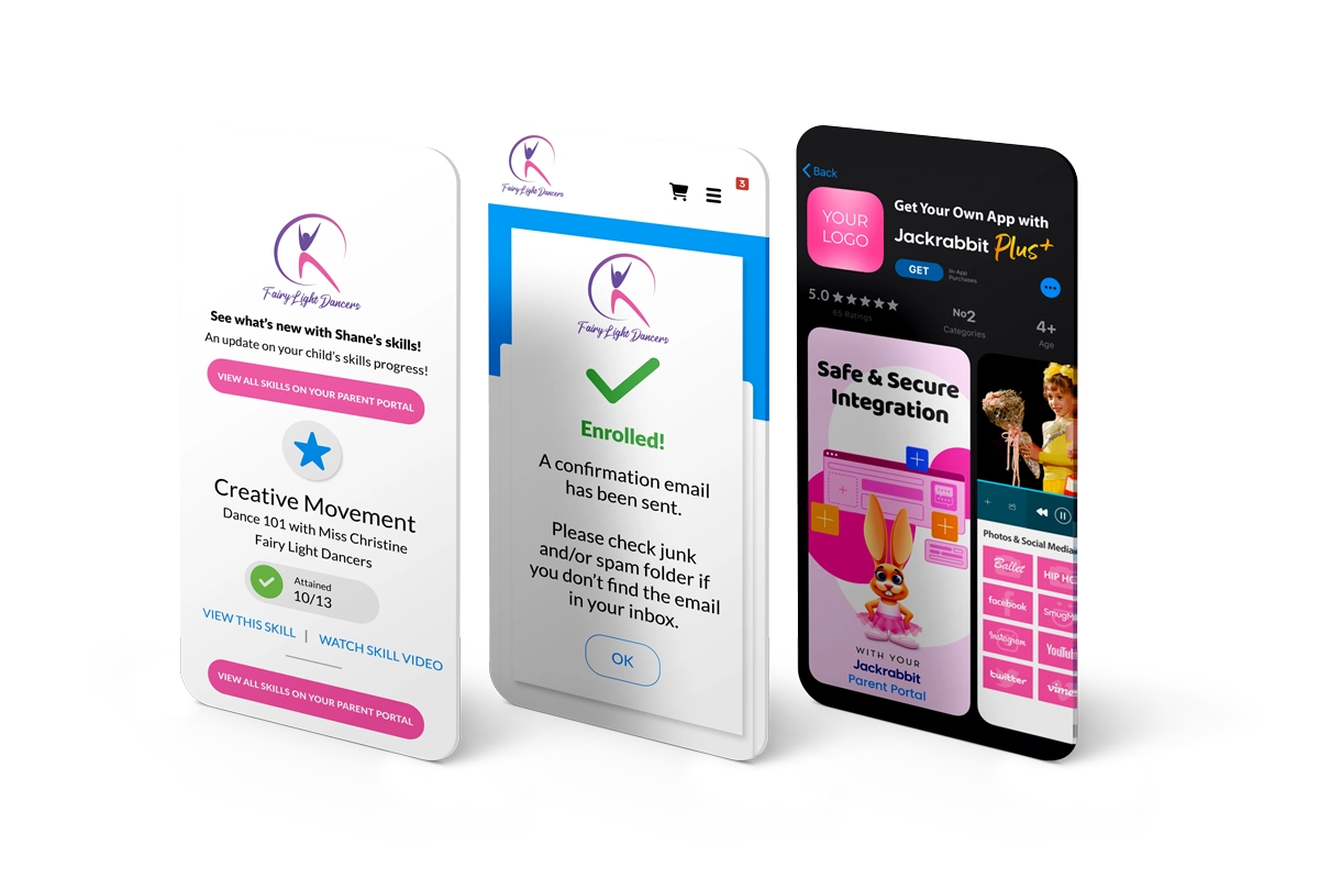 skill progress, enrollment confirmation and mobile app screens