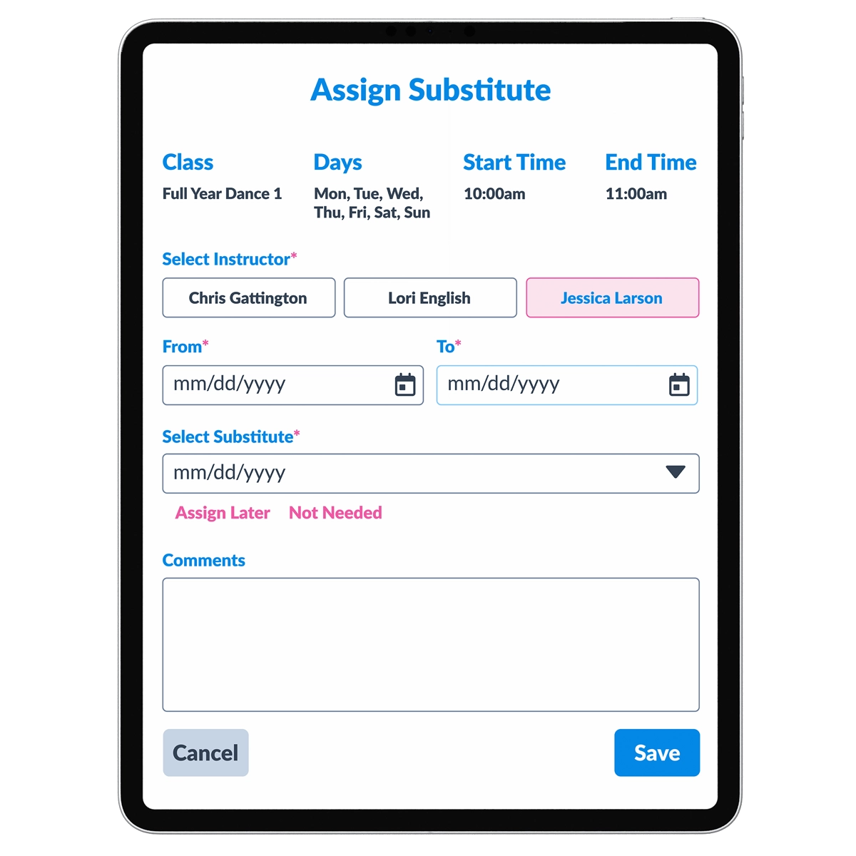 assign substitute teachers screen tablet