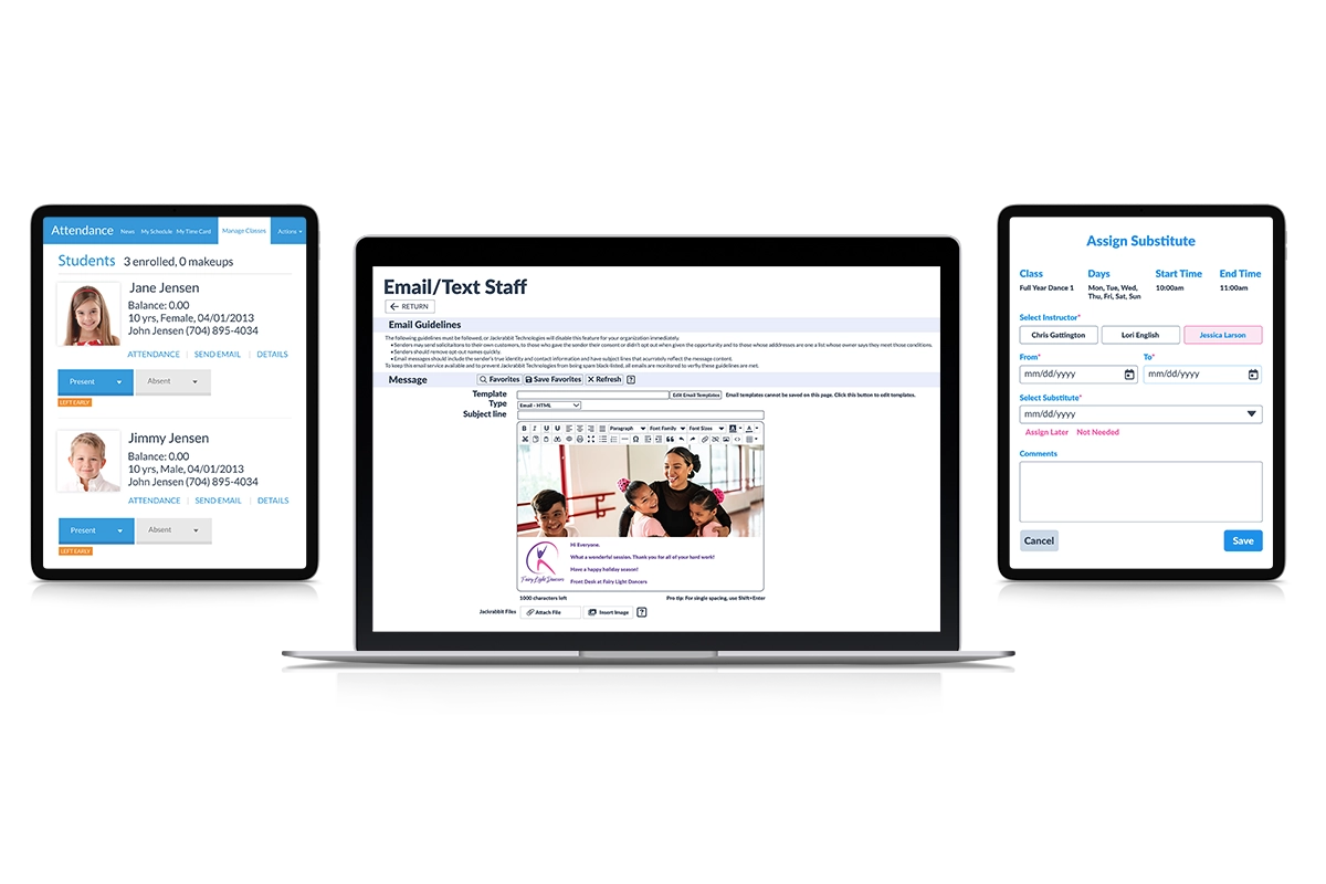 student attendance tracking screen tablet, email/text families screen laptop, assign substitute teachers screen tablet