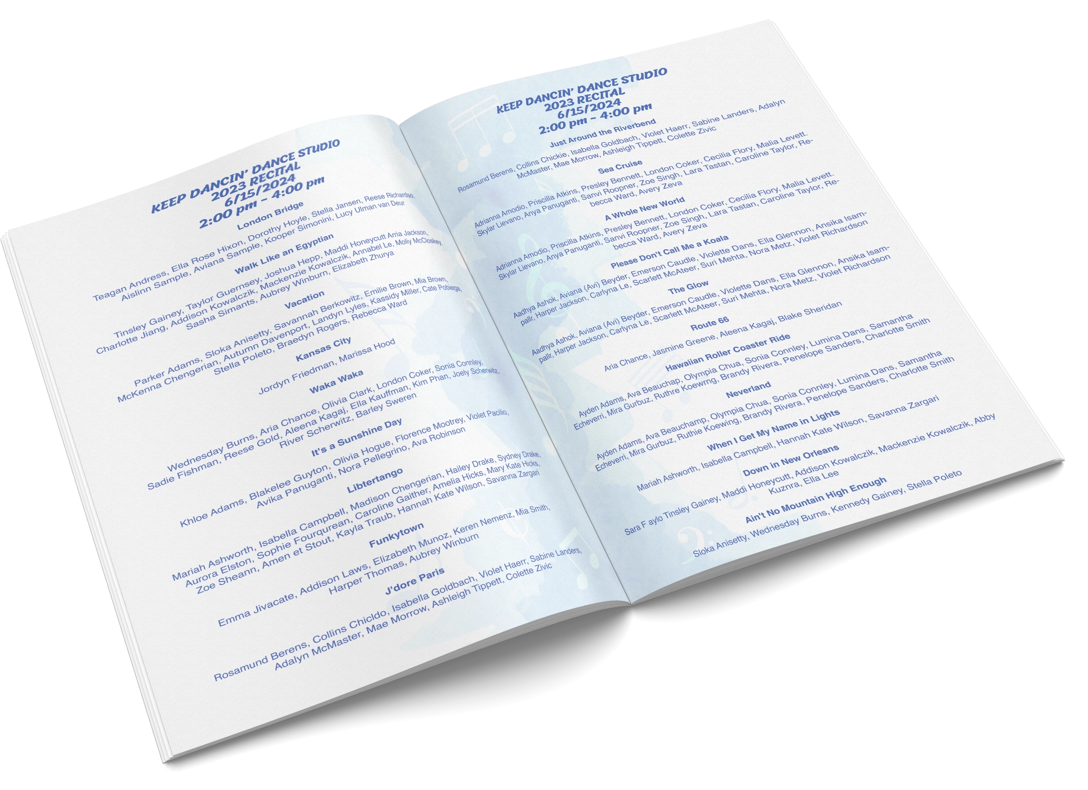 export recital program worksheet double page booklet