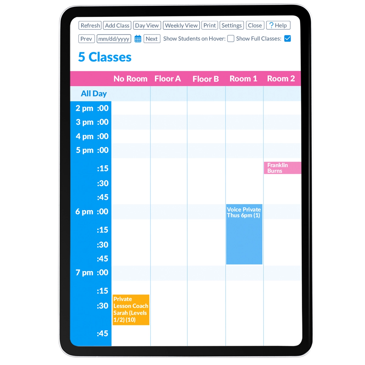 private lessons calendar screen tablet