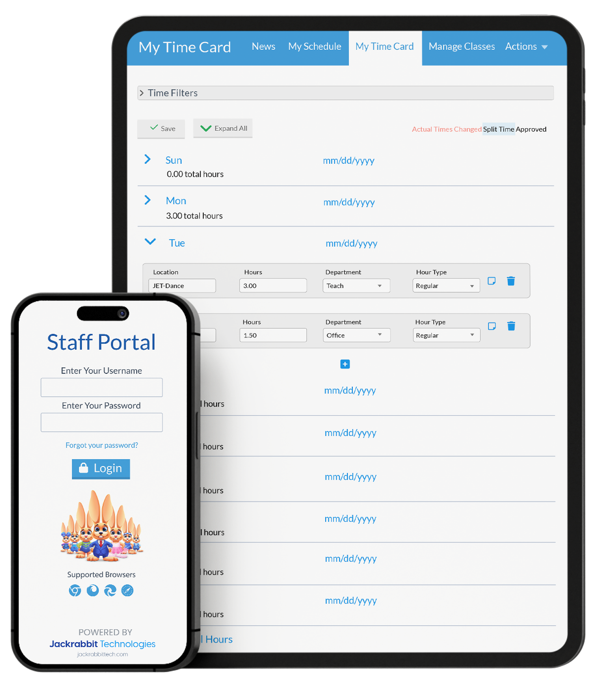 staff portal mobile screen, staff time card tablet screen