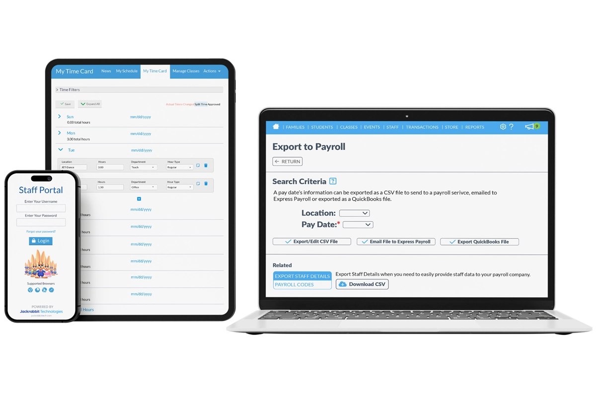 staff portal mobile screen, staff time card tablet screen, export payroll laptop screen