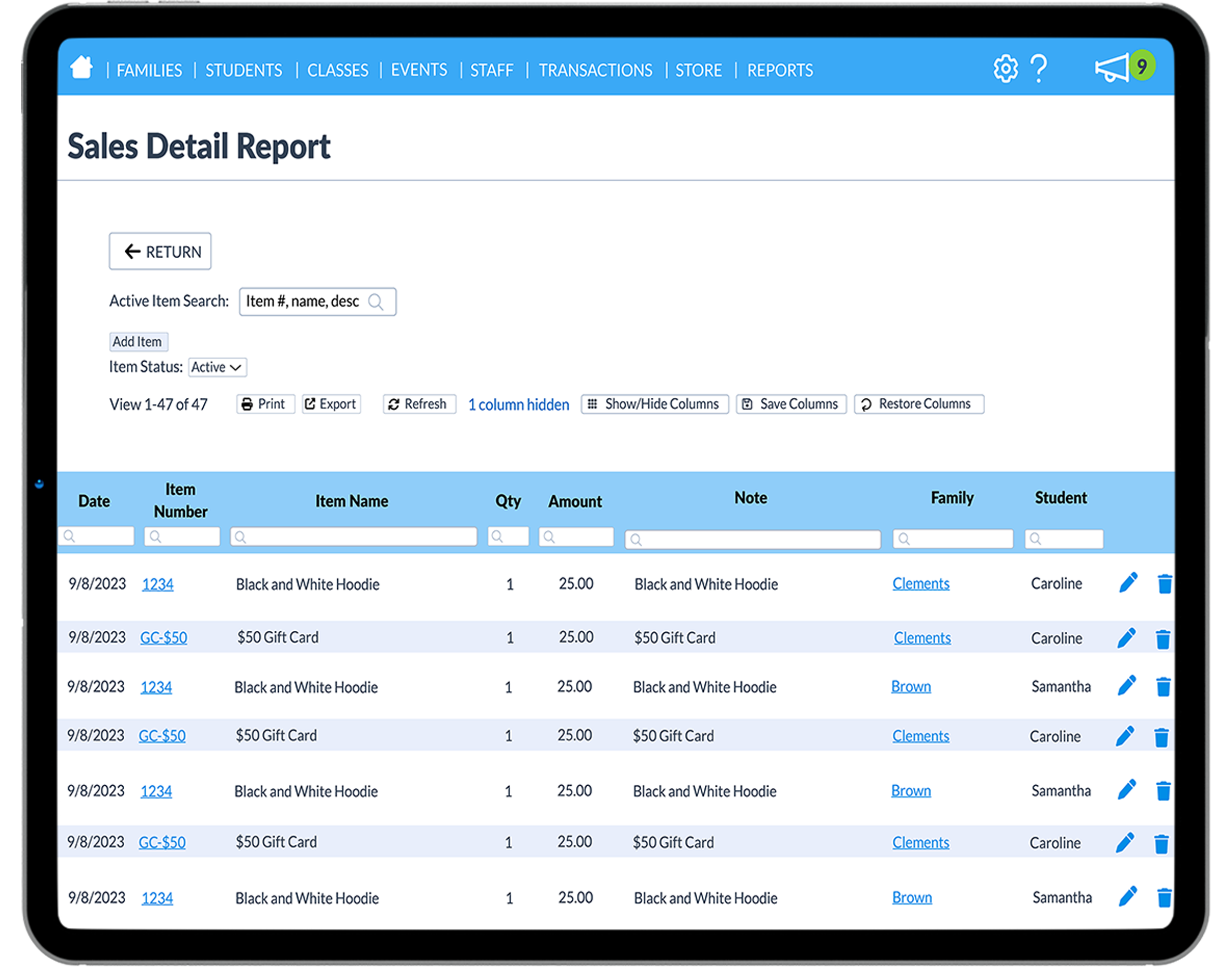 sales detail report screen tablet