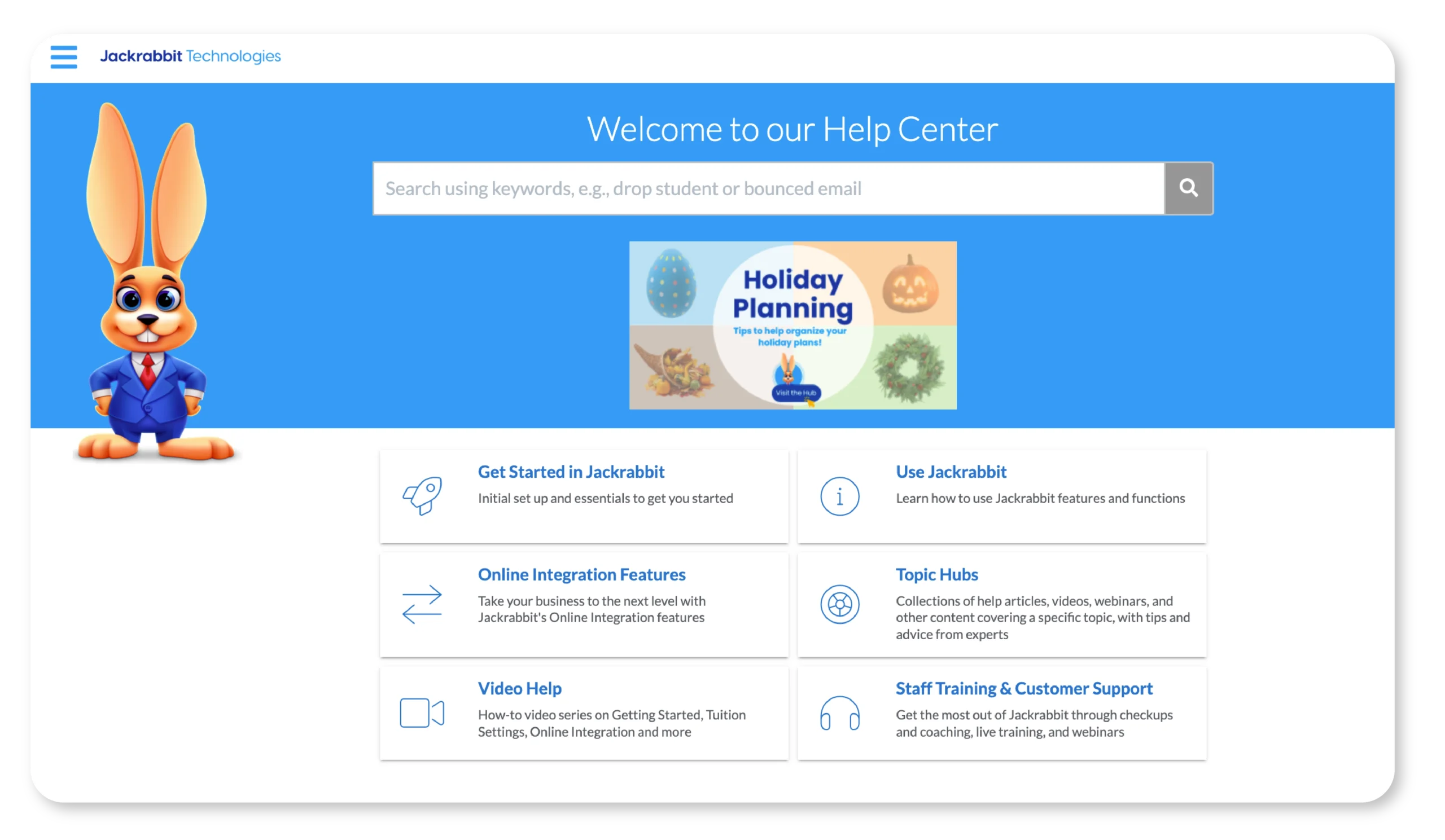 Jackrabbit help center screen