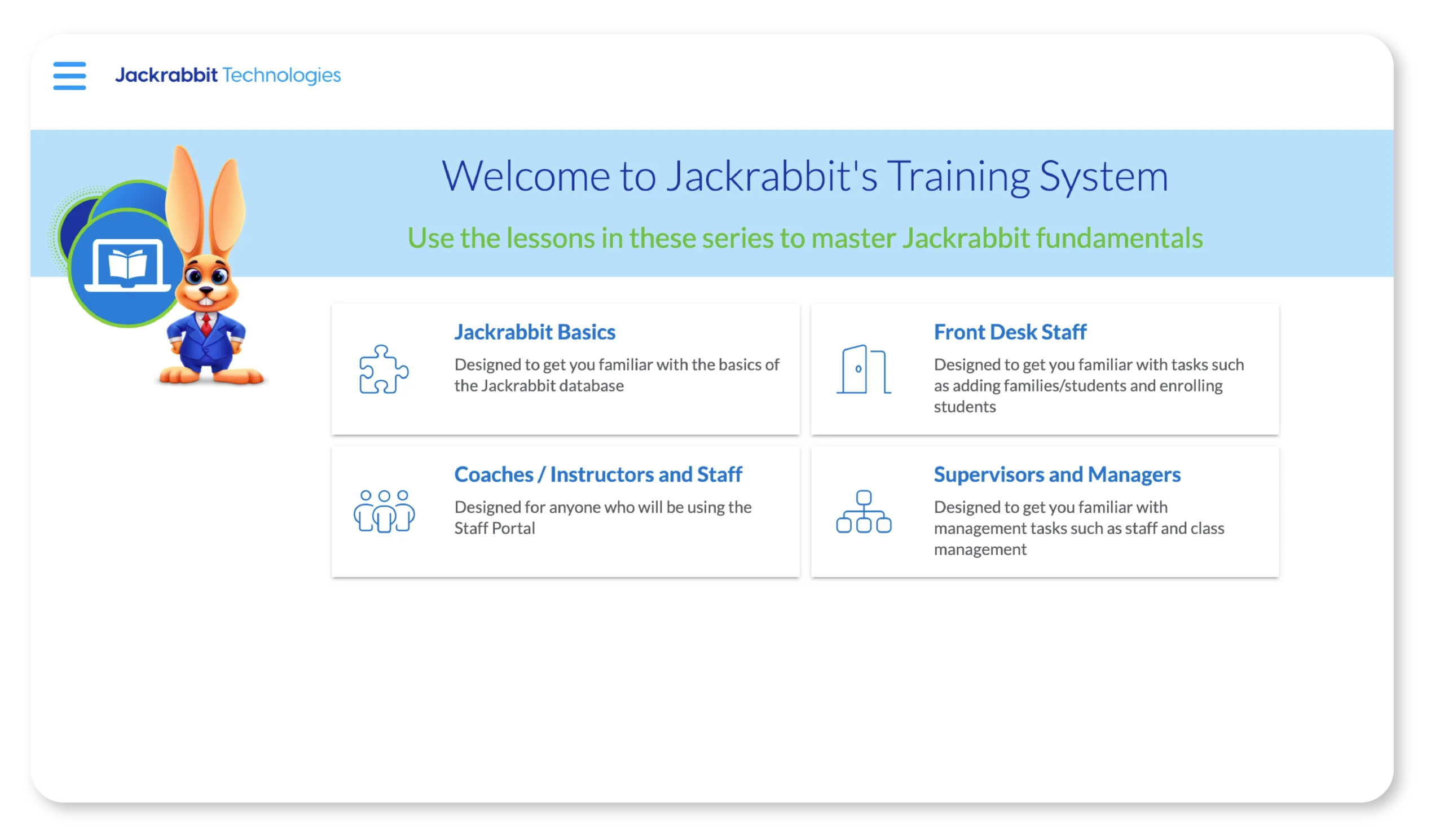 Jackrabbit training system screen