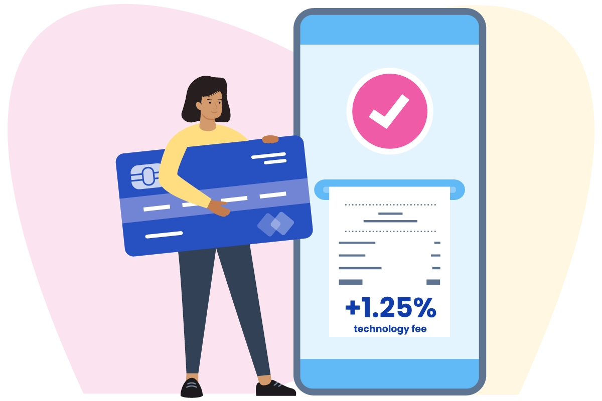 woman holding card with mobile screenshot of transaction fees